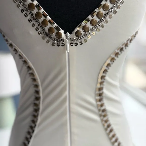 Bebe Cream Bodycon Sleeveless Mini Dress with Gold Studs & Sequins - Sexy Party - Picture 9 of 16